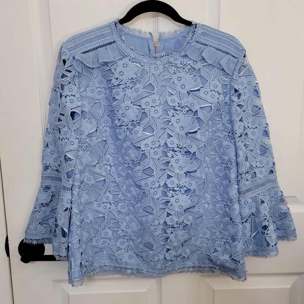 Ted Baker Caetlyn Bell-Sleeve Light Blue Lace Blouse